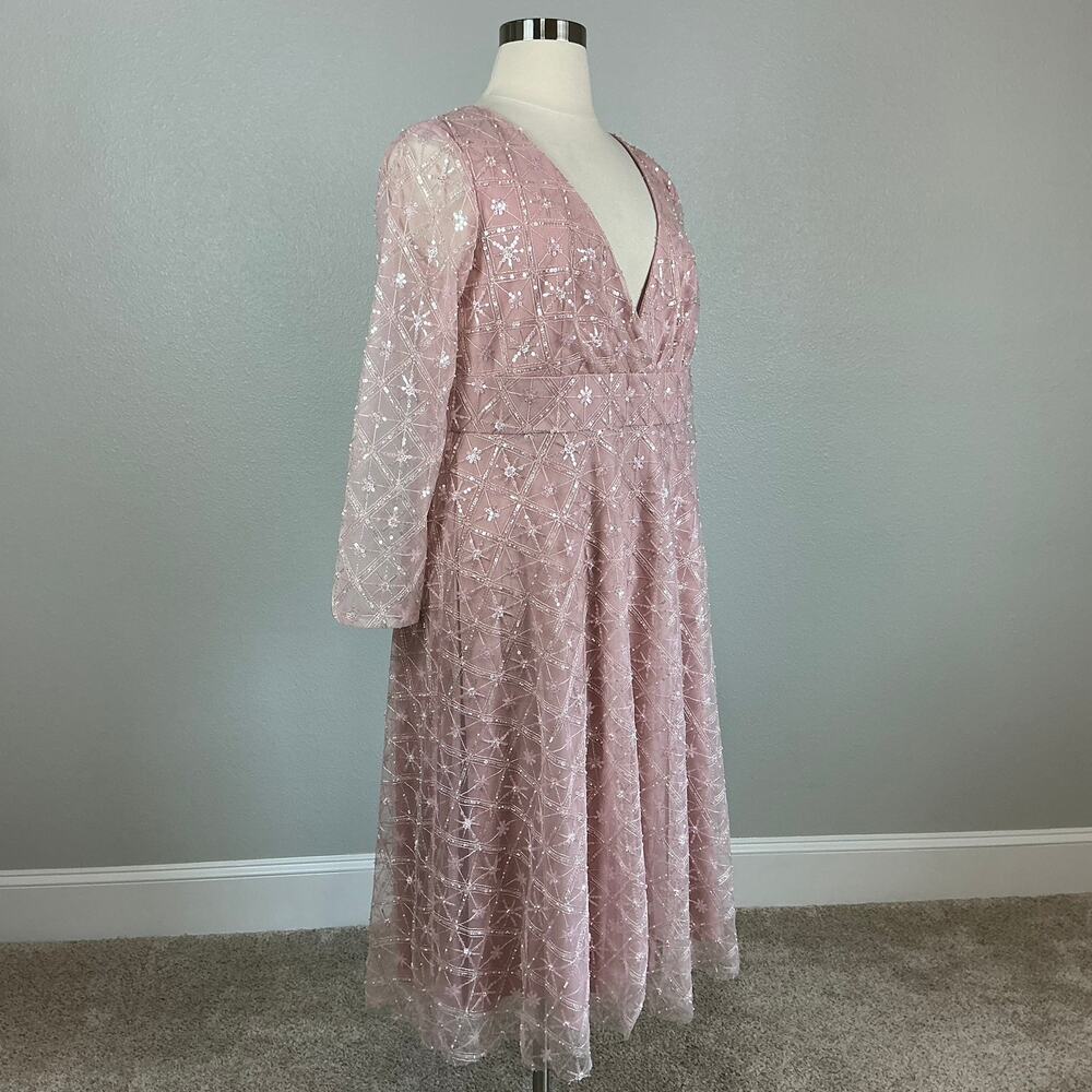 Mac Duggal 68003 Pink Cocktail Dress Sequined Long Sleeve A-Line Midi Size 18 - Picture 3 of 13